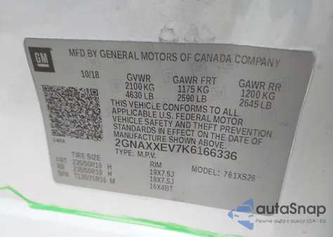 2019 Chevrolet Equinox Premier z USA, uszkodzony, nr VIN 2GNAXXEV7K6166336